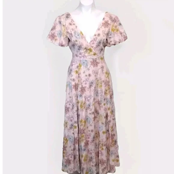 Lulus NWT Floral Print Puff Sleeves Crisscross Open Back Maxi Dress XS - Picture 3 of 15
